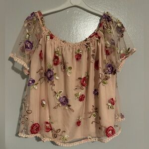 BB Dakota Light Pink Multi Color Floral OTS Off The Shoulder Top S Small Boho
